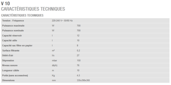 aspirateur poussiere v10 - fiche technique